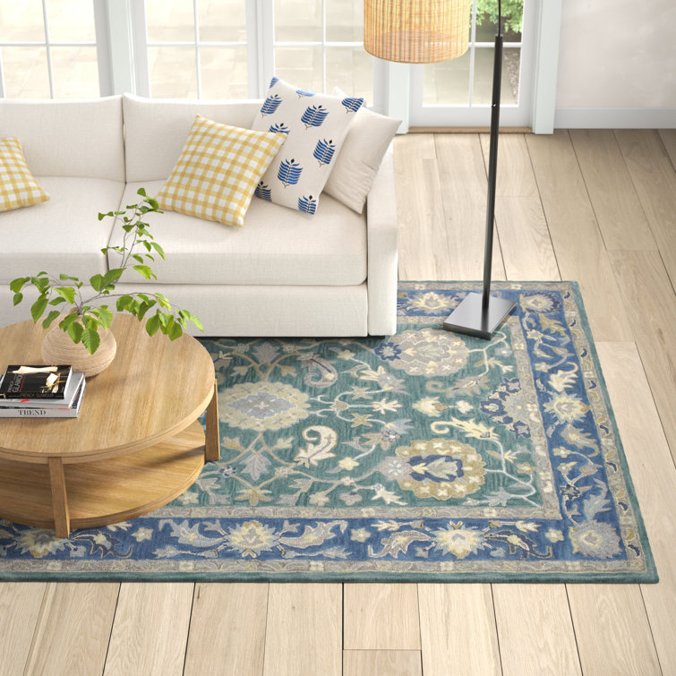 Handmade Blue Wool Floral Tufted 5' x 7' Rug