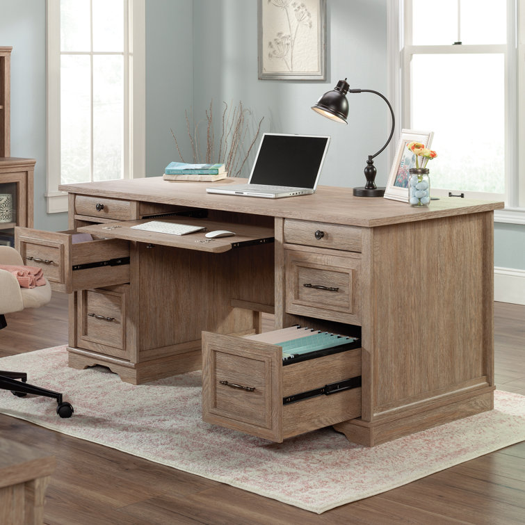 Brushed Oak Executive Desk with Drawers and Keyboard Tray