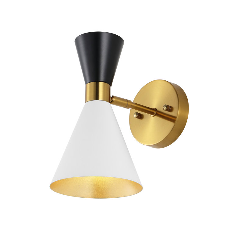 Elegant Black Iron Dual Cone Wall Sconce with Brass Accents