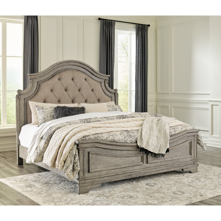 Transitional Gray Upholstered California King Bed with Drawer
