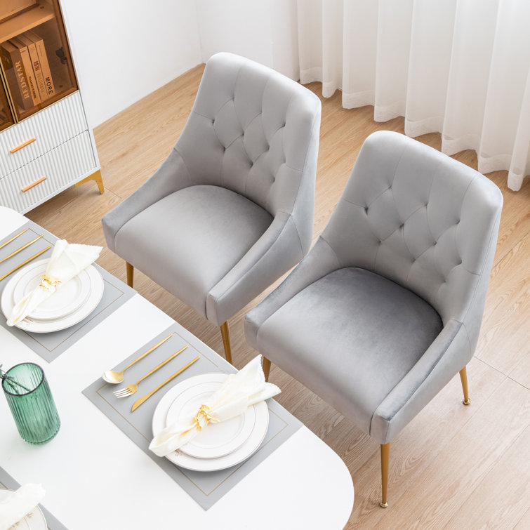 Gray Velvet Upholstered Parsons Dining Side Chairs with Metal Legs