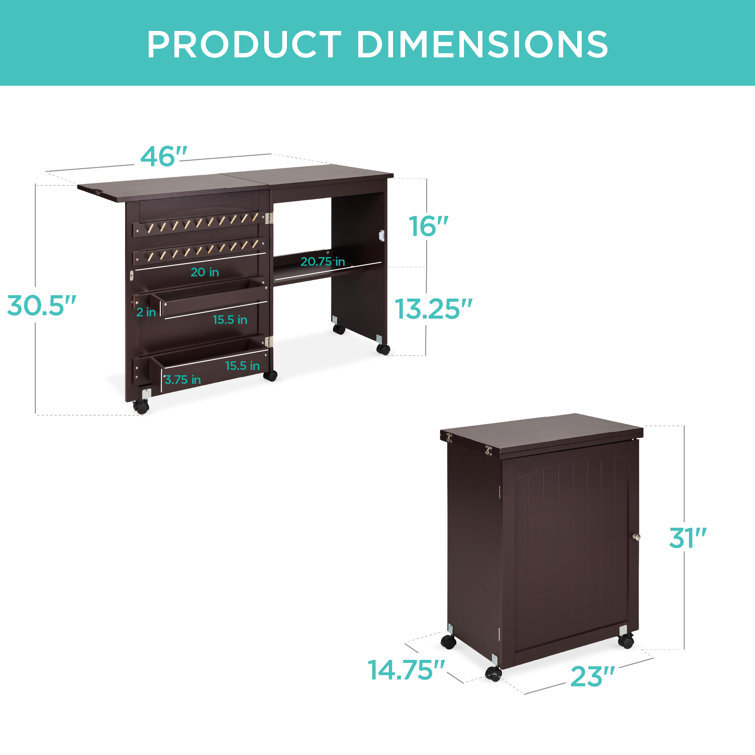 Espresso Compact Folding Sewing Table with Storage and Wheels