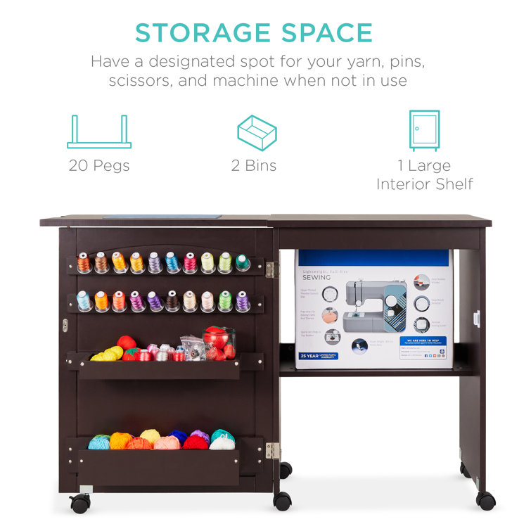 Espresso Compact Folding Sewing Table with Storage and Wheels