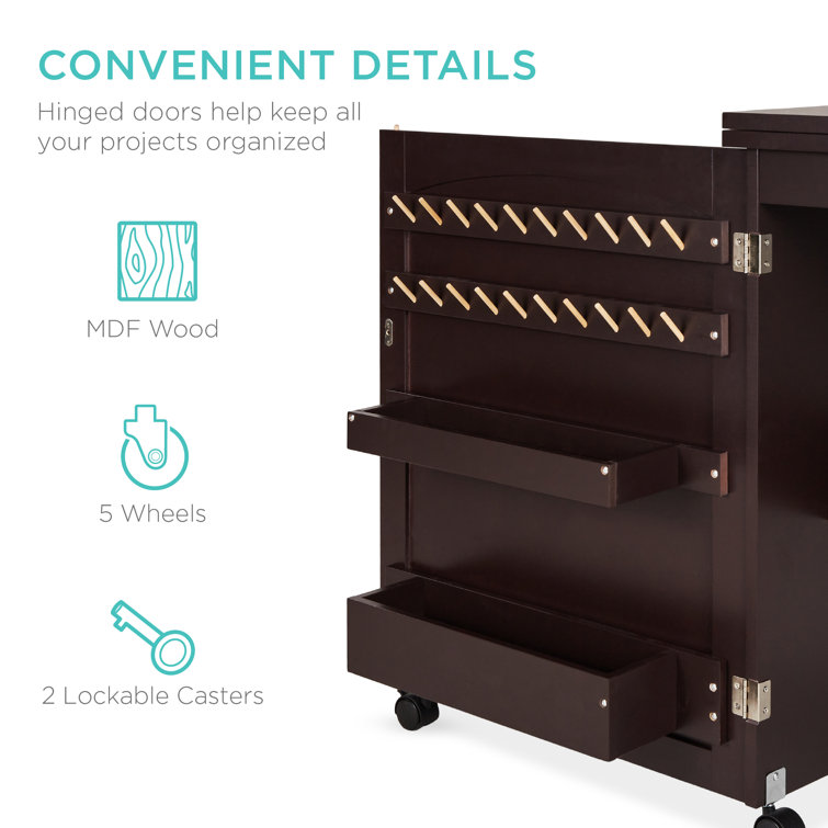 Espresso Compact Folding Sewing Table with Storage and Wheels