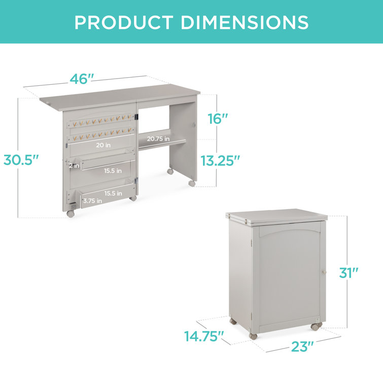 Gray Folding Sewing Table with Storage and Wheels