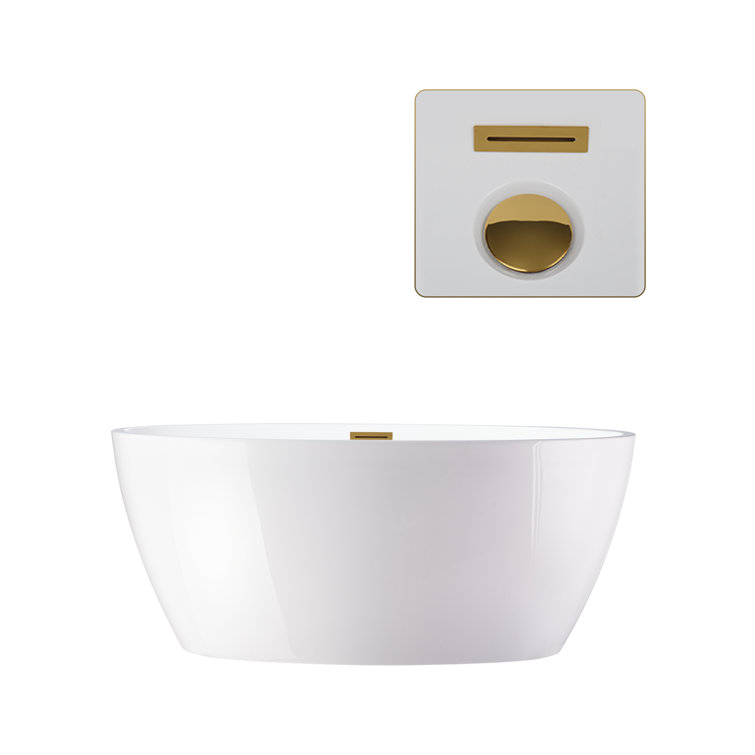 59" White Acrylic Freestanding Soaking Bathtub with Gold Accents