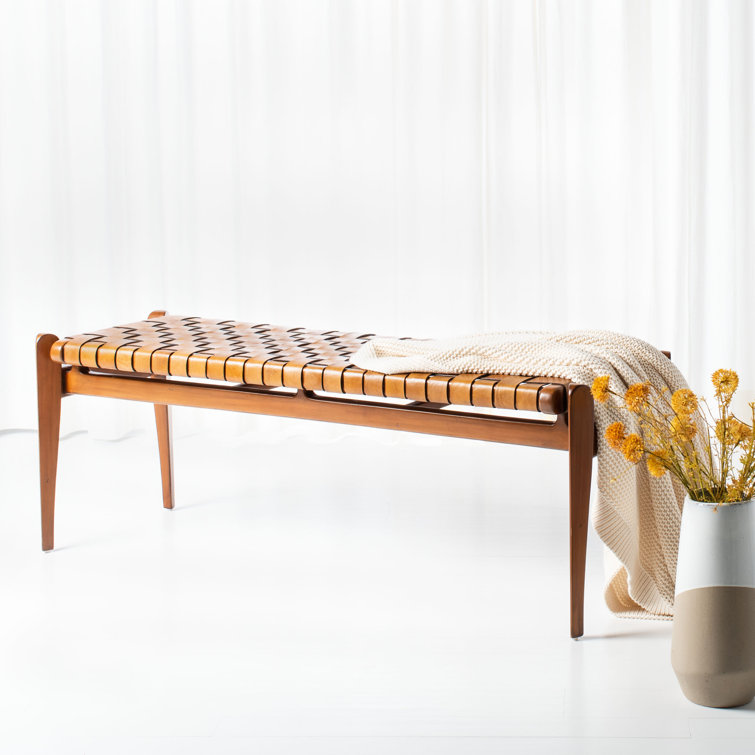 Dilan Sophisticated White Genuine Leather Bench with Mahogany Frame