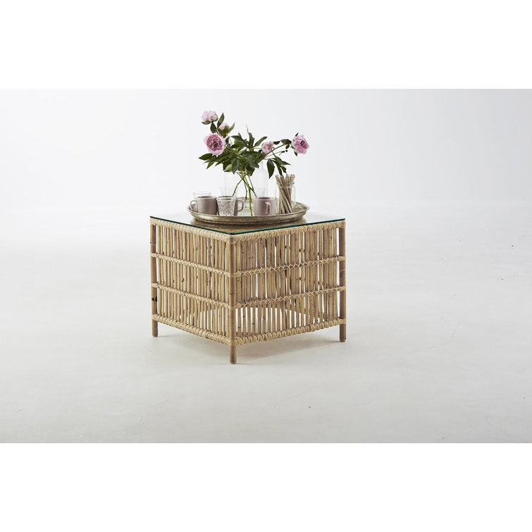 Natural Rattan Cube Side Table with Clear Glass Top