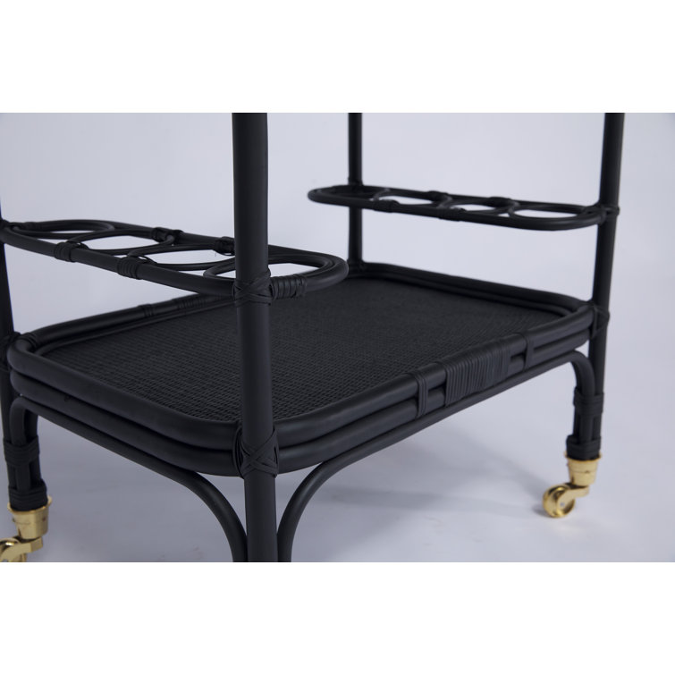 Elegant Black Rattan and Tempered Glass Bar Cart with Wine Rack