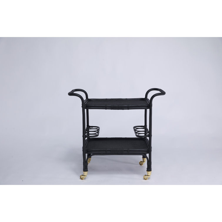 Elegant Black Rattan and Tempered Glass Bar Cart with Wine Rack