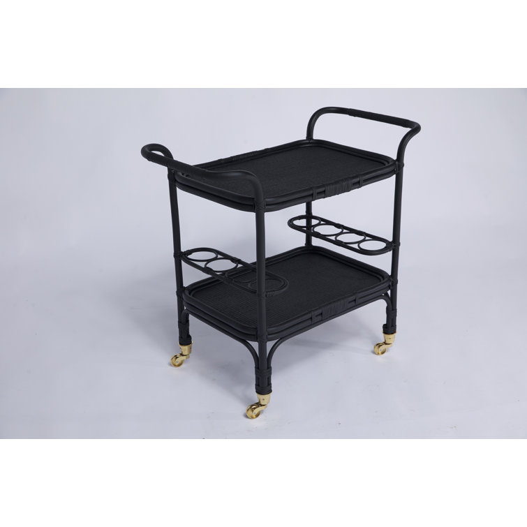 Elegant Black Rattan and Tempered Glass Bar Cart with Wine Rack
