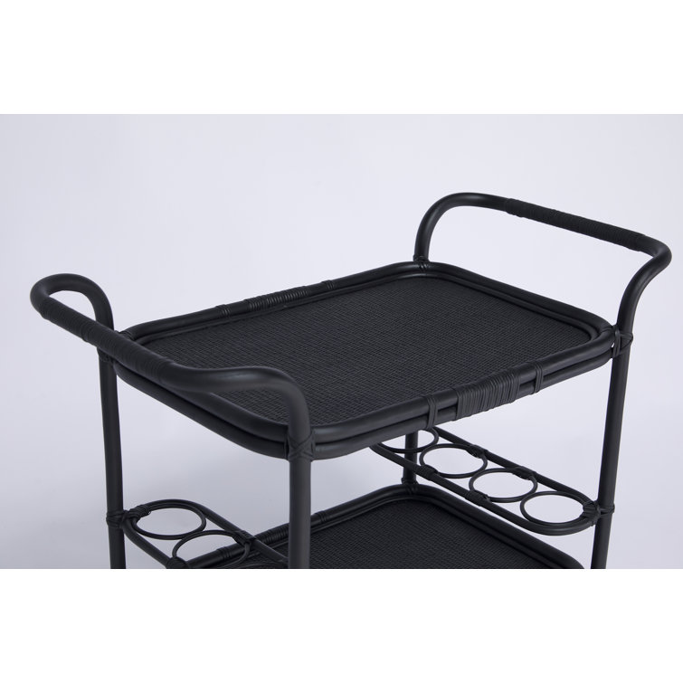 Elegant Black Rattan and Tempered Glass Bar Cart with Wine Rack