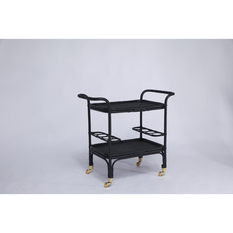 Elegant Black Rattan and Tempered Glass Bar Cart with Wine Rack