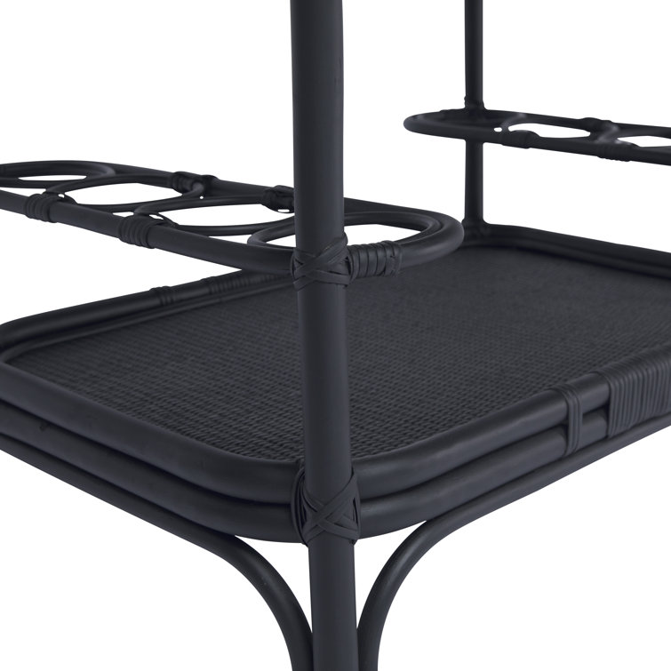 Elegant Black Rattan and Tempered Glass Bar Cart with Wine Rack
