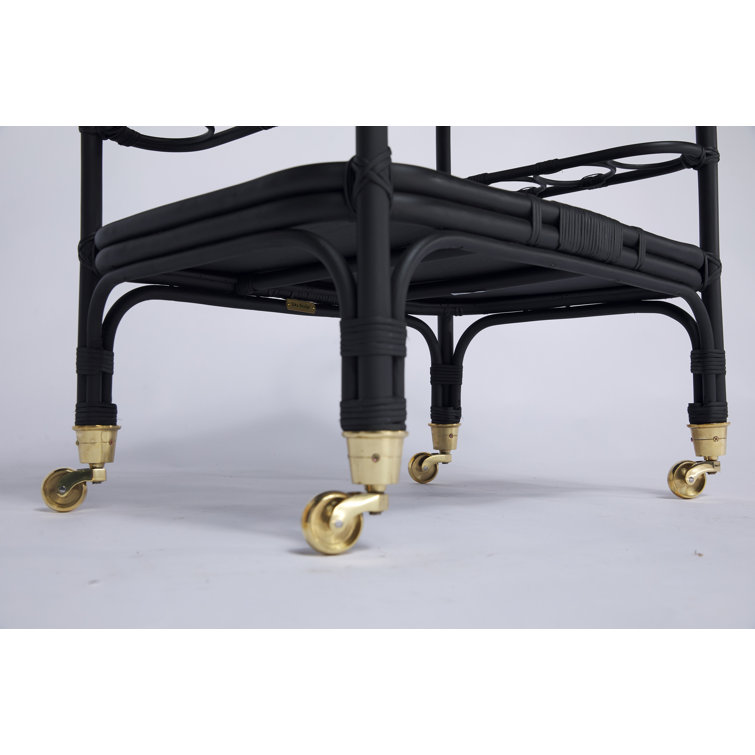 Elegant Black Rattan and Tempered Glass Bar Cart with Wine Rack
