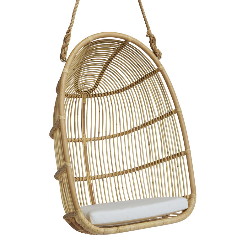 Natural Rattan Hanging Swing Chair with White Canvas Cushion
