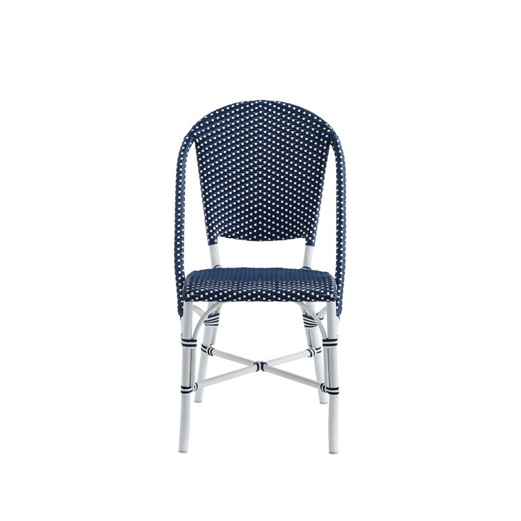 Navy Blue and White Dotted Wicker Armless Outdoor Chair with Cushions
