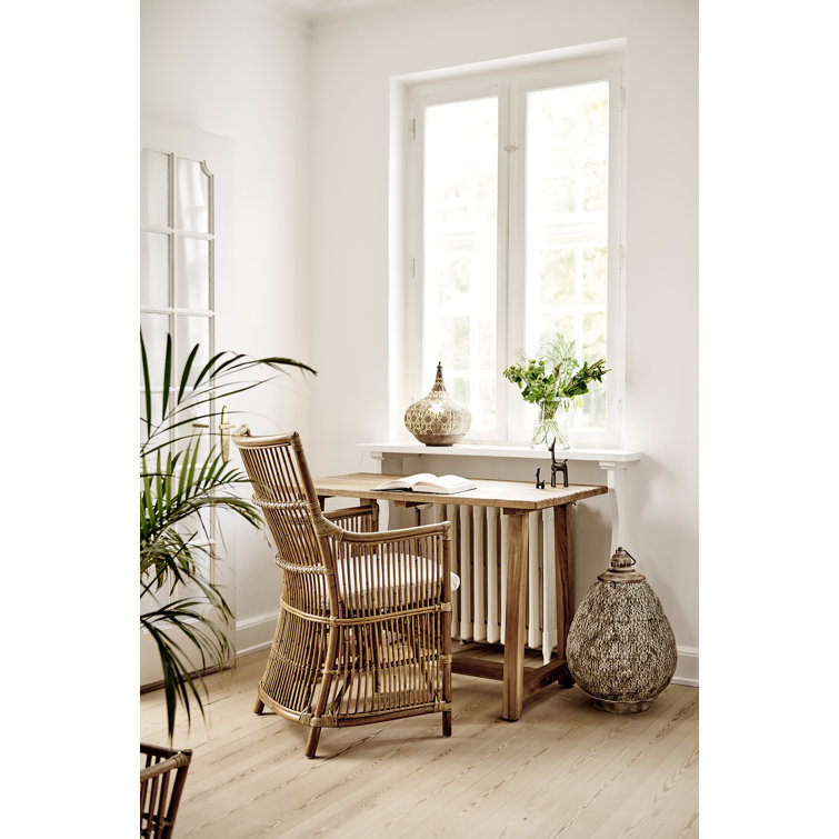 Antique White Canvas High-Back Rattan Armchair with Cushion