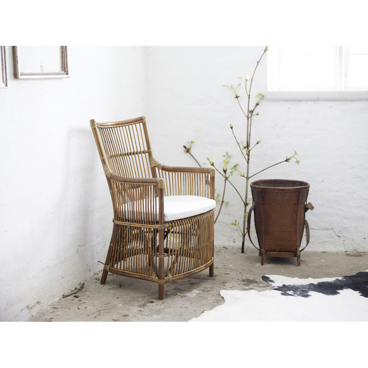 Antique White Canvas High-Back Rattan Armchair with Cushion