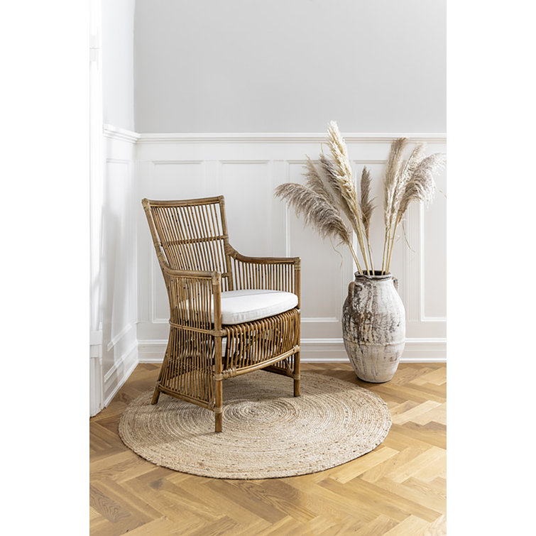 Antique White Canvas High-Back Rattan Armchair with Cushion