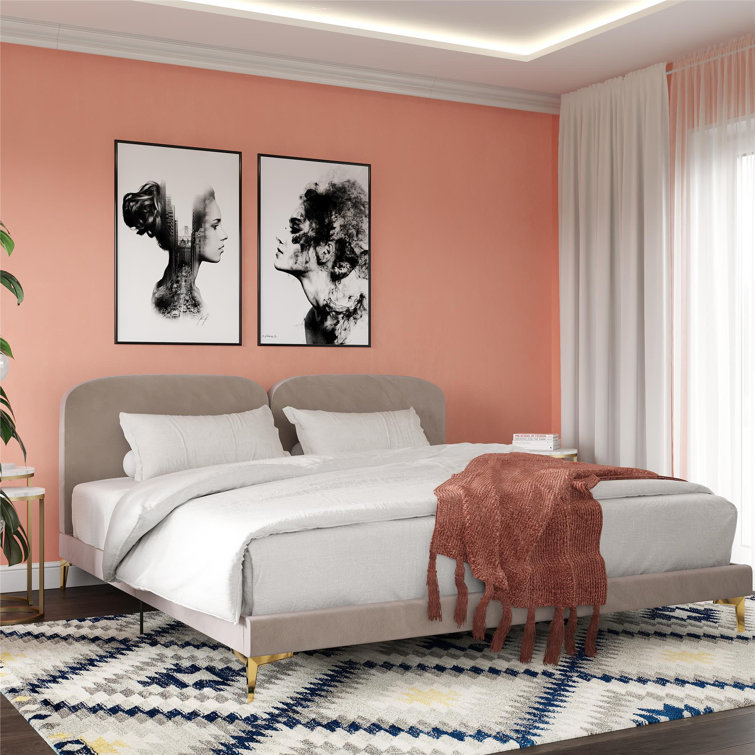King Taupe Velvet Upholstered Platform Bed with Gold Legs