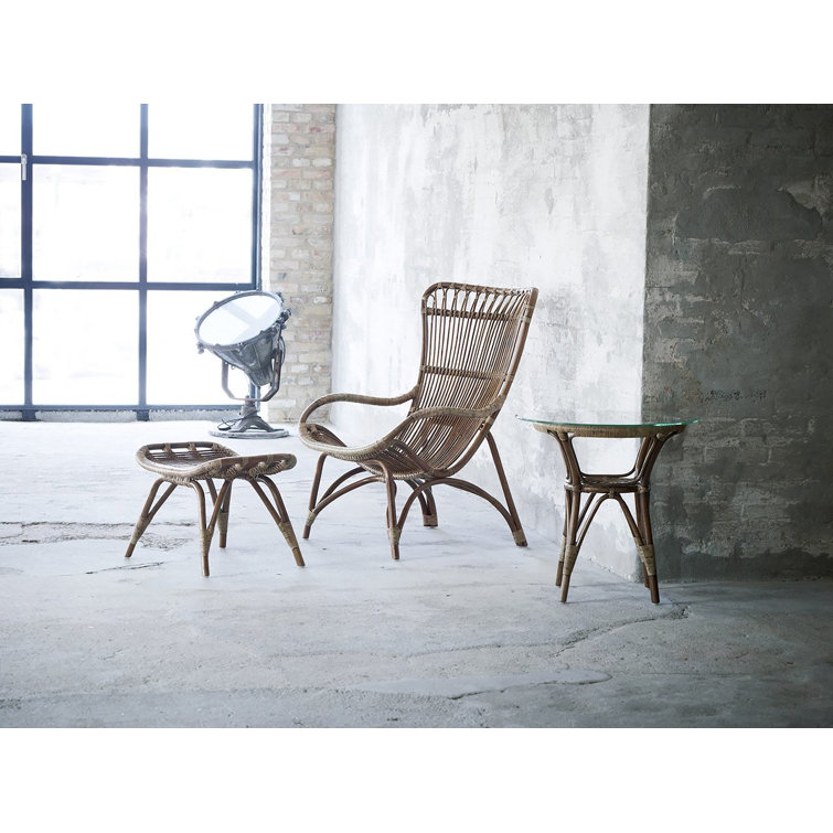 Antique Highback Rattan Lounge Chair and Footstool Set
