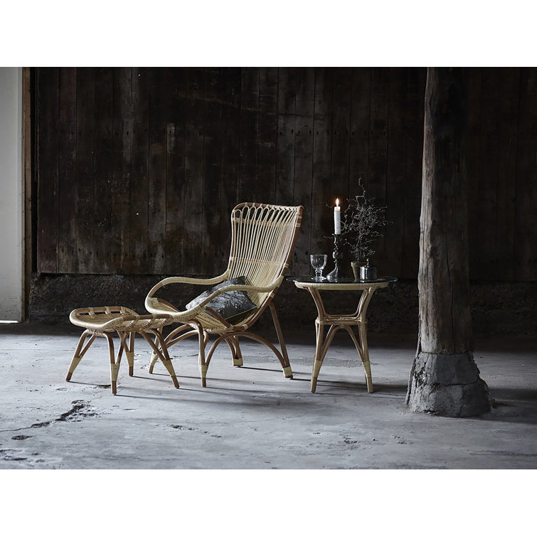 Antique Highback Rattan Lounge Chair and Footstool Set