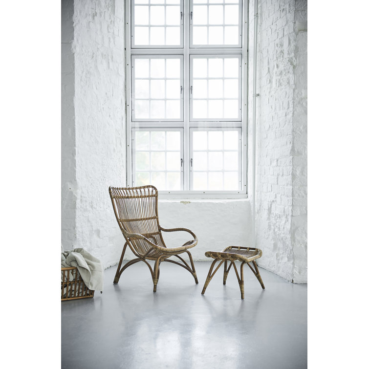 Antique Highback Rattan Lounge Chair and Footstool Set