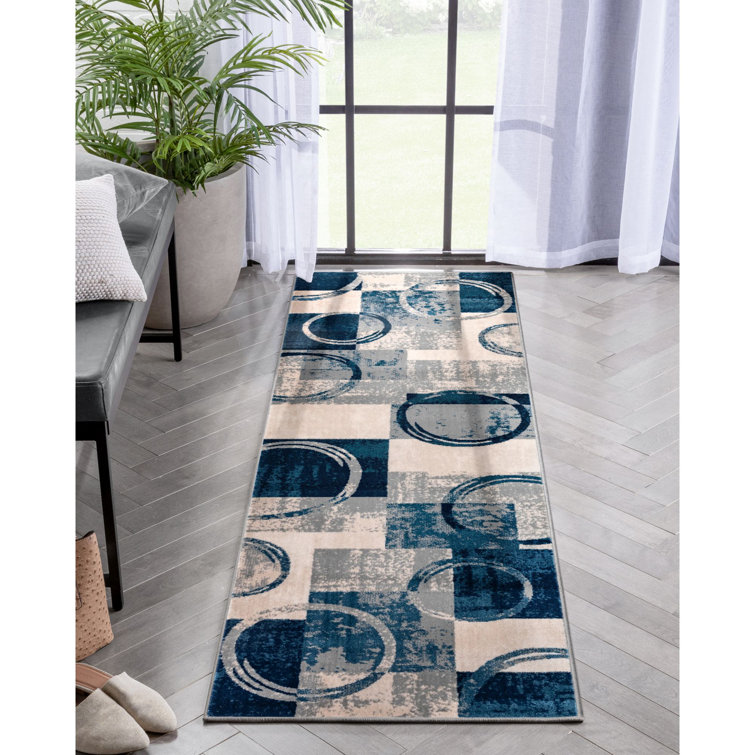 Geometric Gray Blue Synthetic Runner Rug