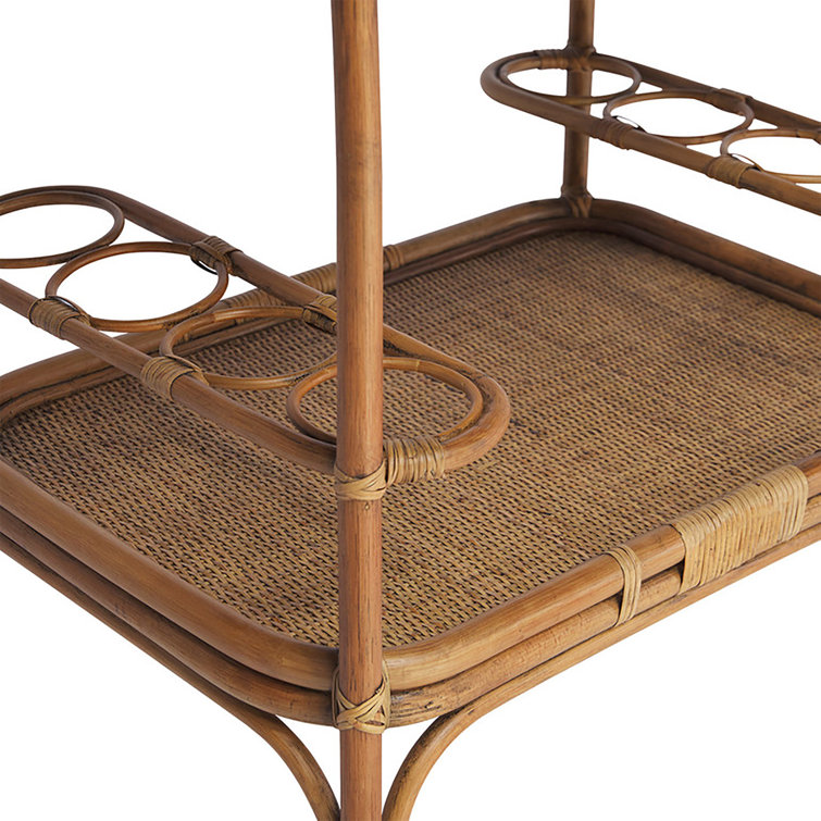 Antique Rattan Bar Cart with Wine Rack and Storage