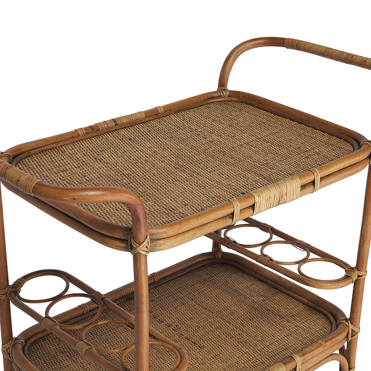 Antique Rattan Bar Cart with Wine Rack and Storage