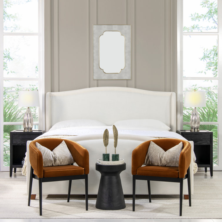 Carmen Antique White Pine King Bed with Upholstered Wingback Headboard