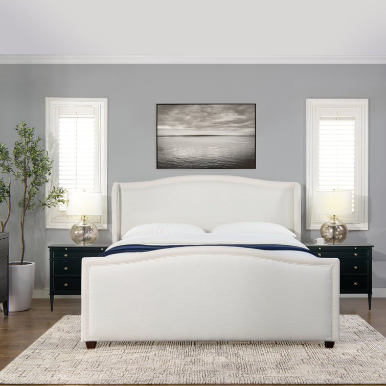 Carmen Antique White Pine King Bed with Upholstered Wingback Headboard