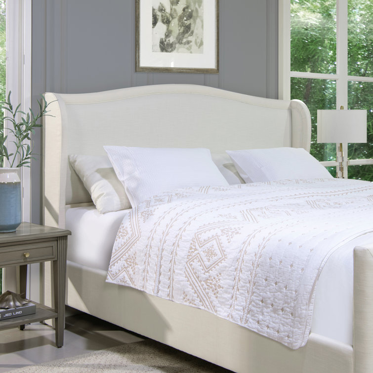 Carmen Antique White Pine King Bed with Upholstered Wingback Headboard