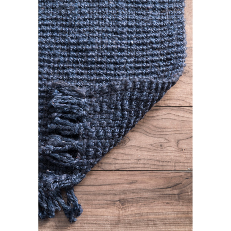 Handmade Navy Blue Tufted Jute Runner Rug with Tassels