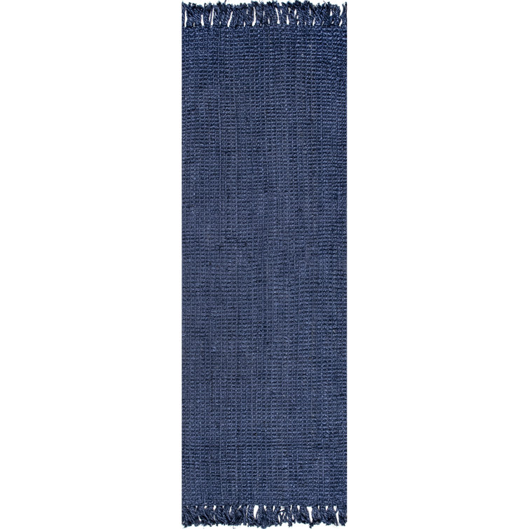 Handmade Navy Blue Tufted Jute Runner Rug with Tassels