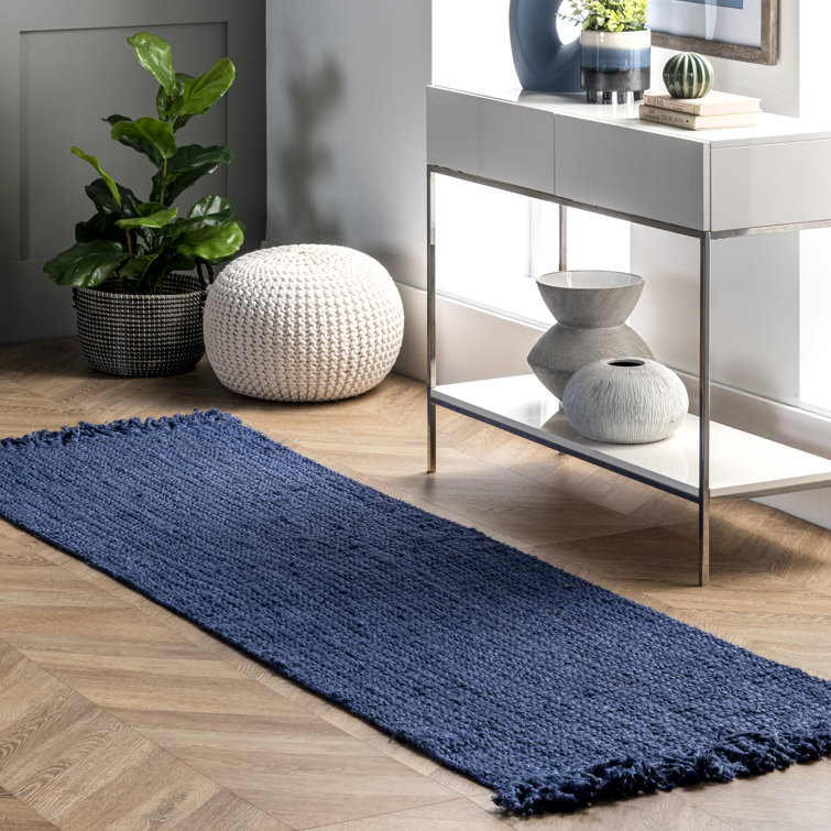 Handmade Navy Blue Tufted Jute Runner Rug with Tassels
