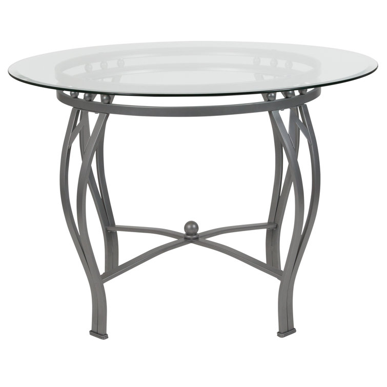 Elegant 42'' Round Silver Metal Frame Glass Dining Table