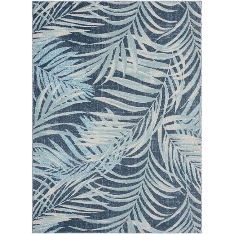 Navy Blue and Aqua Palm Leaf 8' x 10' Indoor/Outdoor Rug