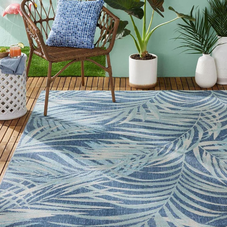 Navy Blue and Aqua Palm Leaf 8' x 10' Indoor/Outdoor Rug