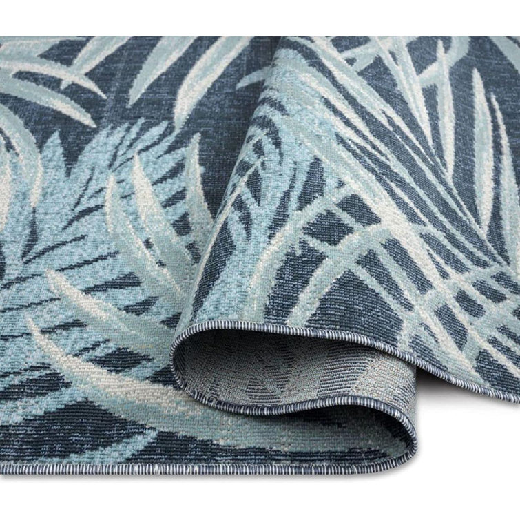 Navy Blue and Aqua Palm Leaf 8' x 10' Indoor/Outdoor Rug
