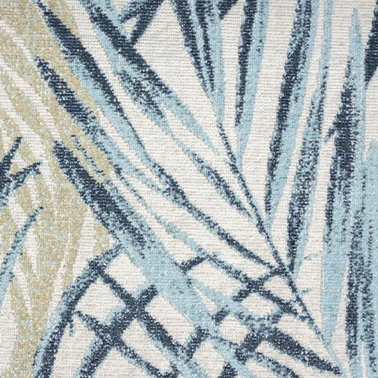 Ivory and Aqua Blue Palm Leaf 5' x 7' Indoor/Outdoor Rug