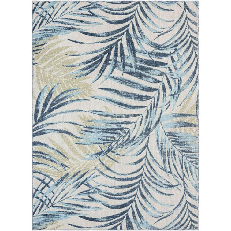 Ivory and Aqua Blue Palm Leaf 5' x 7' Indoor/Outdoor Rug