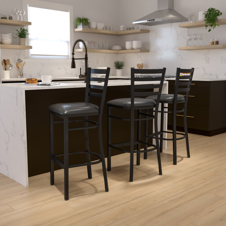 Elegant Black Metal Ladder Back Barstool with Vinyl Seat
