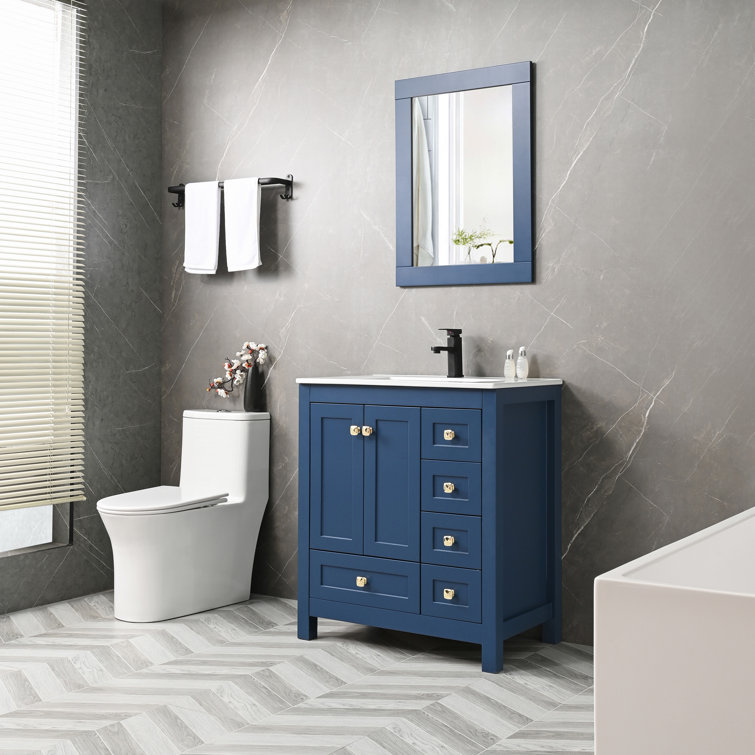30" Blue Solid Wood Single Bathroom Vanity Base