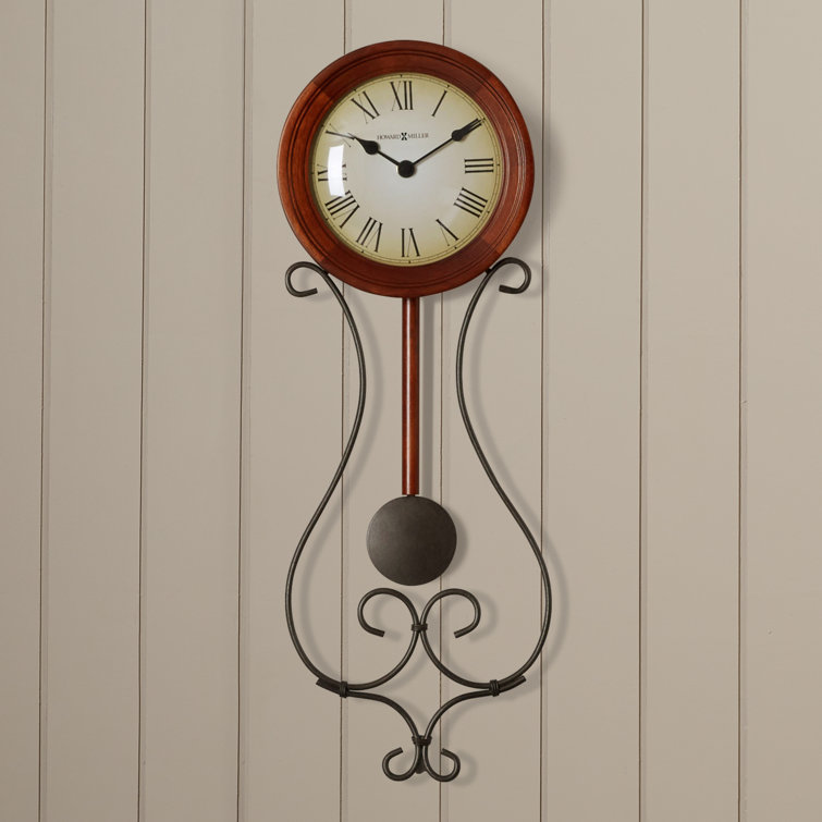 Antique Cherry and Black Iron Wall Clock with Pendulum