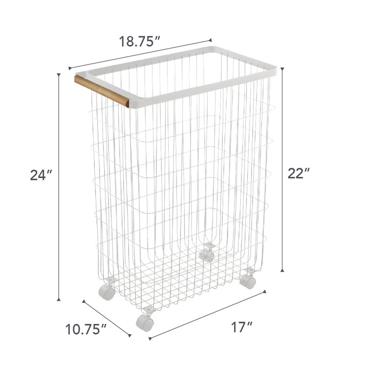 Scandinavian Minimalist Rolling Laundry Hamper in White Steel with Ash Wood Handles
