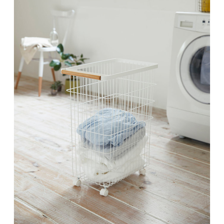 Scandinavian Minimalist Rolling Laundry Hamper in White Steel with Ash Wood Handles