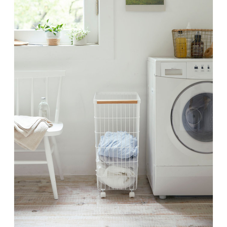 Scandinavian Minimalist Rolling Laundry Hamper in White Steel with Ash Wood Handles
