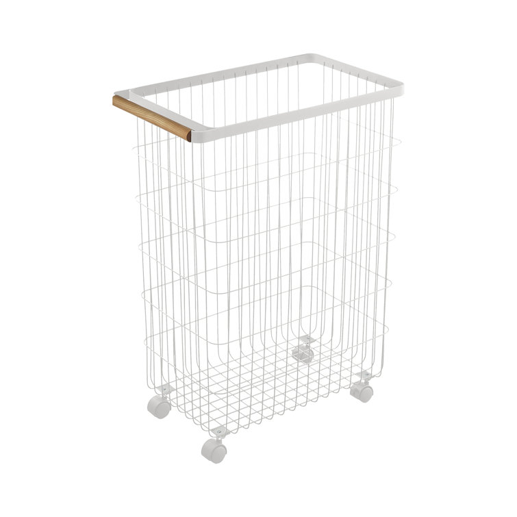 Scandinavian Minimalist Rolling Laundry Hamper in White Steel with Ash Wood Handles